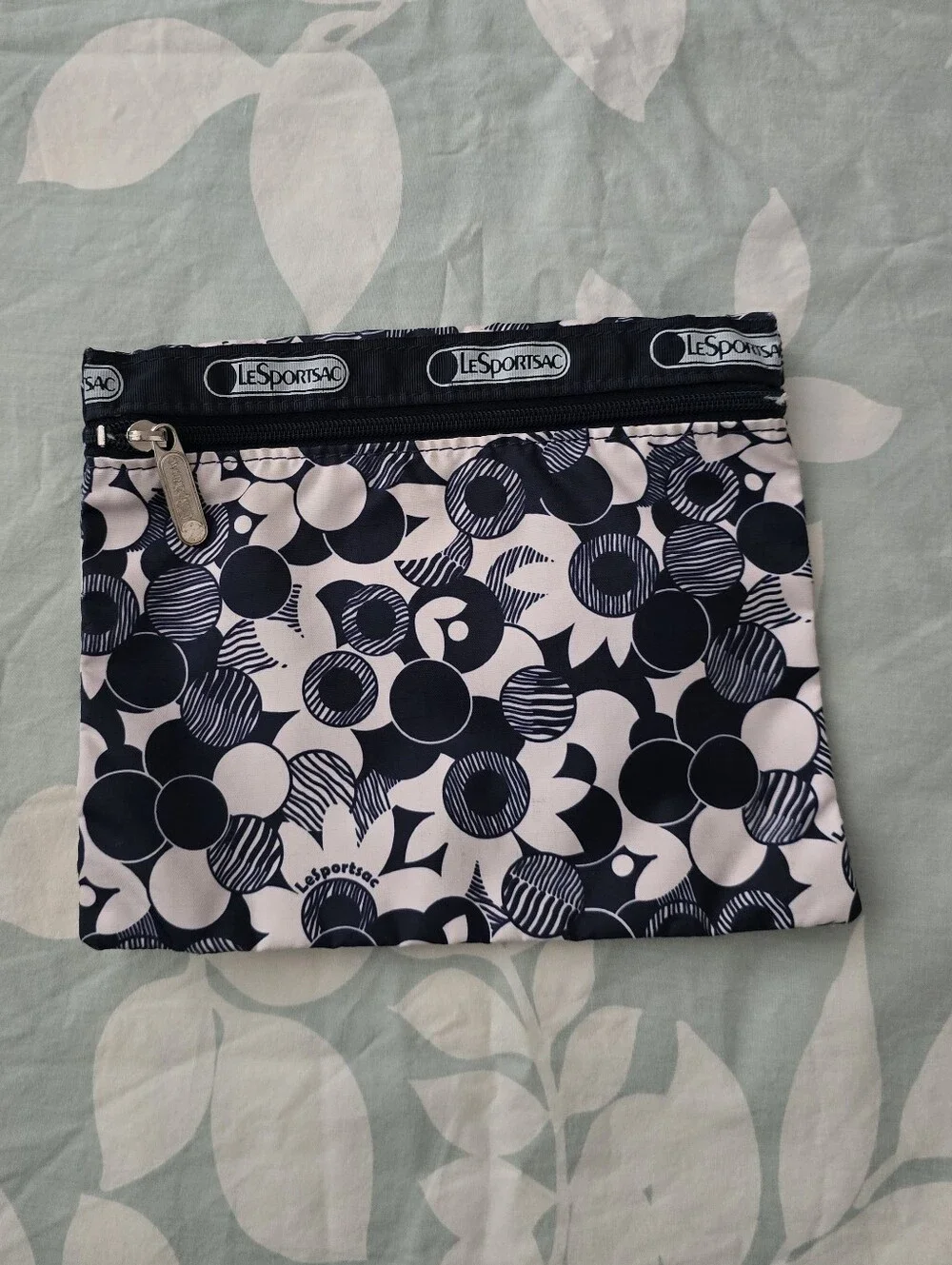Lesportsac Floral Navy and White Circle Print Zip Pouch